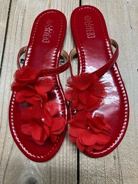 Red Floral Embellished Toe-Post Sandals by
